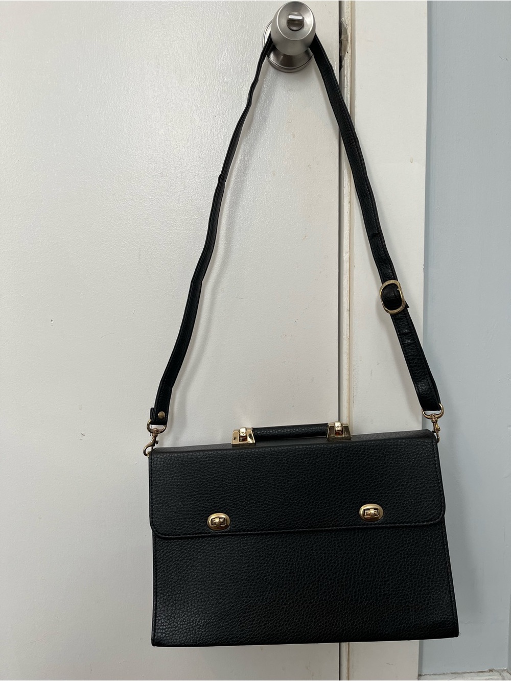 Vintage Black Pebbled Leather Satchel with Gold Hardware briefcase office